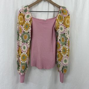 Entro Pink Crochet Floral Square Neck Robbed Long Puff Sleeve Top Womens S Boho